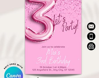 Pink Glitter Girls Confetti Birthday Invitation | Editable Party Invite | Balloons Theme Digital Download