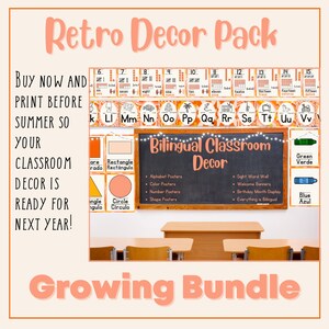 Bilingual Bright Retro Groovy Classroom Decor | Bundle Colorful Vintage Modern Digital Download Editable