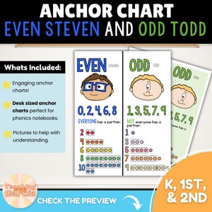Puede incluir: Tabla de anclaje para enseñar números pares e impares. La tabla presenta dos personajes, Even Steven y Odd Todd, con ilustraciones de sus caras. La tabla incluye los números del 0 al 10 y representaciones visuales de cada número usando círculos. El texto "EVEN STEVEN" y "ODD TODD" se muestra en cuadros verdes y azules, respectivamente. La tabla también incluye el texto "EVERYONE has a partner" y "NOT everyone has a partner" para ayudar a los estudiantes a comprender el concepto de números pares e impares.