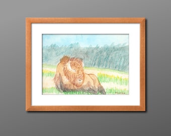 Yellowstone Bison Watercolor Print, Buffalo Wall Art