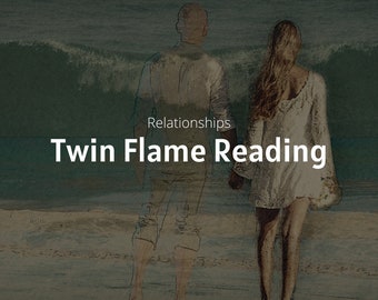 May include: A couple standing on a beach, facing away from the camera. The text "Relationships Twin Flame Reading" is superimposed on the image.