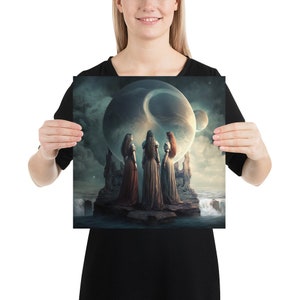 May include: Four women in long flowing gowns stand on a rocky outcrop, gazing up at a large, swirling orb in the sky. The orb is surrounded by a dark, stormy sky with a smaller, distant planet visible.