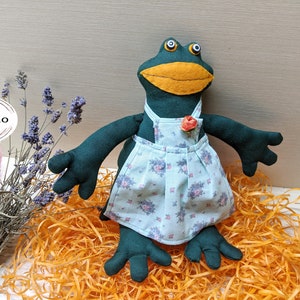 May include: A green frog plush toy wearing a light blue floral dress with a red flower accent. The frog has a yellow mouth and black eyes. The toy is sitting on a bed of orange shredded paper.