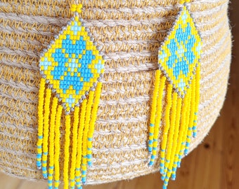 Gelb-blaue Rocailles bringen Ohrringe Ukrainischer Schmuck