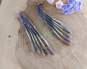 Long seed bead earrings Seed bead fringe earrings Jewelry Beaded earrings Stylish earrings Fashion accessories