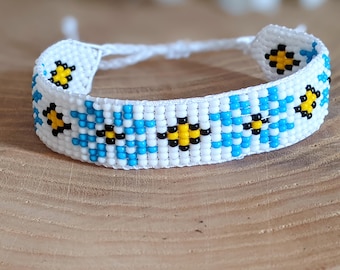 Geelblauwe bloemen Kralenarmband Oekraïense armband