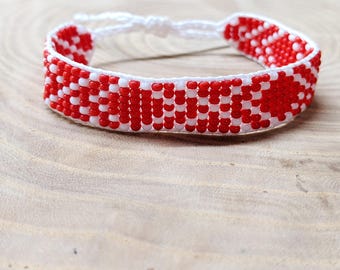 Red and White Beaded Bracelet Handmade