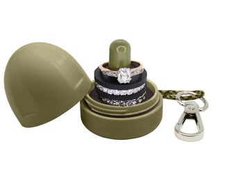 The Ring Thing–Olive Green. Portable ring holder, ring box, jewelry holder - keep rings safe at gym, salon. beach & traveling. Waterproof.