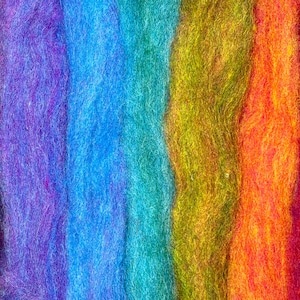 May include: Close-up of colorful wool roving in a rainbow spectrum. The colors include deep red, purple, blue, teal, yellow, orange, and magenta. The wool fibers are soft and textured, ideal for fiber art projects.