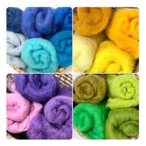 46 colores de vellón de lana cardada para fieltro con aguja, lana maorí DHG cardada, colores brillantes y fácil de fieltrar con un acabado liso.