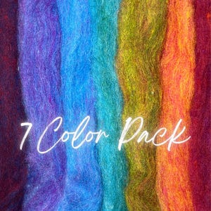 May include: A vibrant image showcasing a 7-color pack of dyed wool roving. The colors include shades of purple, blue, teal, green, yellow, orange, and red. The text "7 Color Pack" is written in a cursive font across the image.