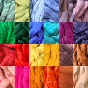 May include: A grid of thirty squares displaying various colors of soft, unspun wool roving. The collection features a wide spectrum of shades including pastel pink, mint green, bright yellow, deep red, royal blue, magenta, and earthy brown tones.