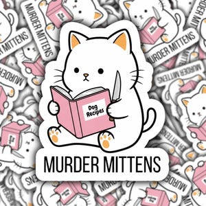 Murder Handschuhe Katze mit Messer Aufkleber Dunkle Katze Humor Nettes gruseliges Geschenk für Katzen-Personen Lustiger Katzenliebhaber Geschenk Weiße Katze Holographischer Aufkleber