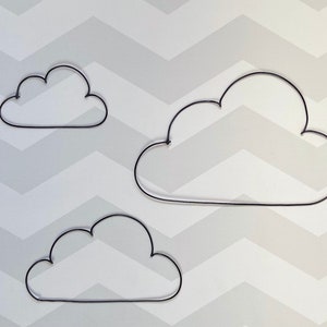 Op de afbeelding: Drie zwarte draadwolkenvormen in verschillende maten tegen een witte en grijze chevron-achtergrond.