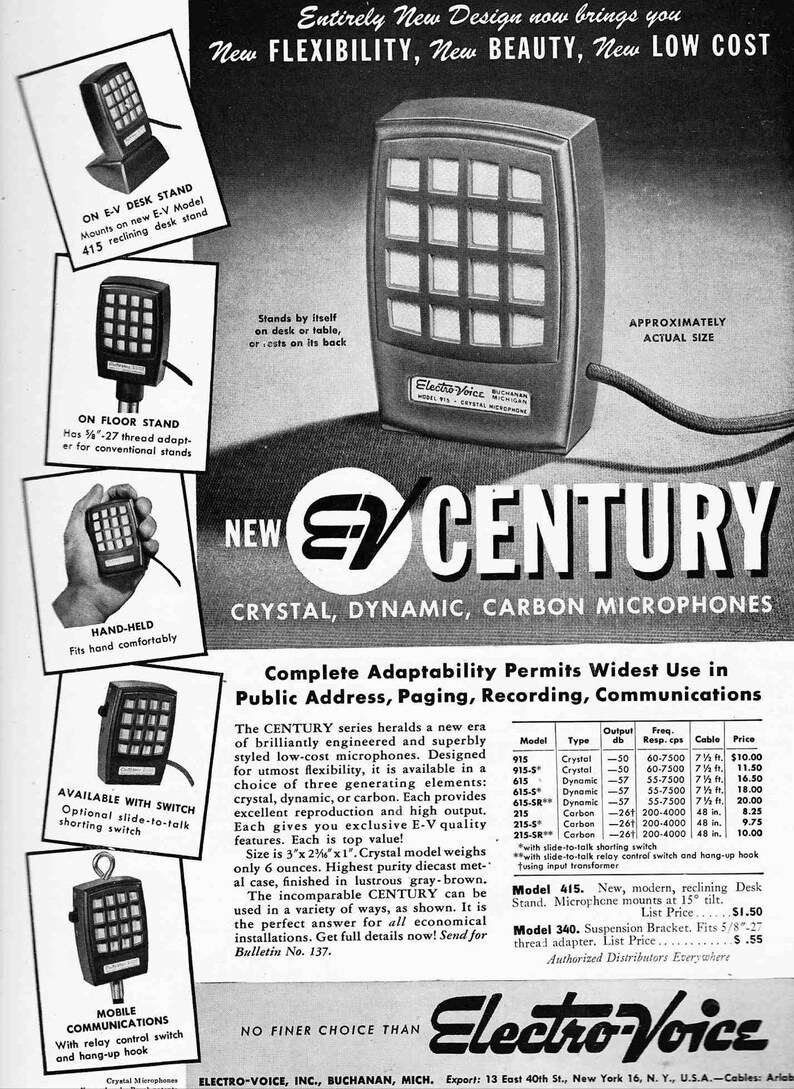 Puede incluir: Un anuncio vintage en blanco y negro para el micr&oacute;fono de la serie Electro-Voice Century. El anuncio presenta una imagen central del micr&oacute;fono, fotos insertadas que muestran varias opciones de montaje y una tabla de especificaciones t&eacute;cnicas.