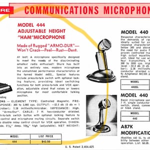 May include: A vintage Shure Model 444 adjustable height communications microphone in gray Armo-Dur material. The advertisement text details specifications including a controlled magnetic element, push-to-talk switch, and dimensions of 4 inches wide, 5.125 inches deep, and 10.25 inches high.
