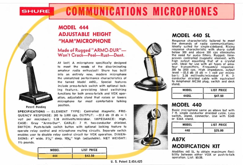 May include: A vintage Shure Model 444 adjustable height communications microphone in gray Armo-Dur material. The advertisement text details specifications including a controlled magnetic element, push-to-talk switch, and dimensions of 4 inches wide, 5.125 inches deep, and 10.25 inches high.