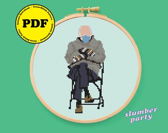 BUNDLED UP BERNIE - Bernie Sanders inauguration mittens meme cross stitch pattern