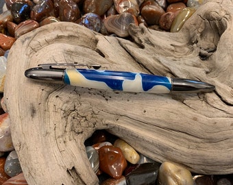 Beautiful Handcrafted Blue and White Acrylic Falcon Ballpoint Twist Pen with Gunmetal Trim