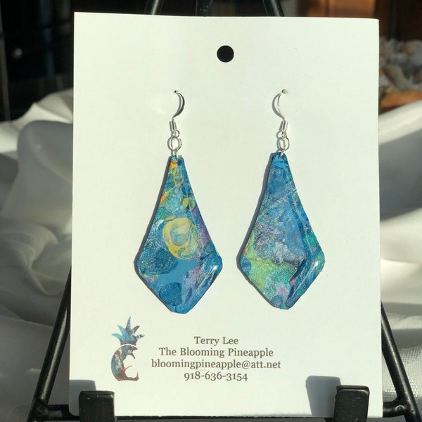 Acrylic Paint Fluid Art Earrings - Gift for Any Occasion - Silver Plated - Nickel Free - Blue Yellow Silver Resin