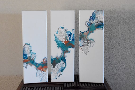 4 x 12 Abstract Art THREE Original Triptych Acrylic Dutch Pour Painting Ocean Coral Teal Blue Silver Cerulean Reef 3