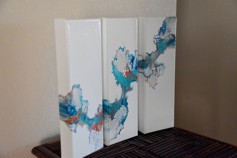 4 x 12 Abstract Art THREE Original Triptych Acrylic Dutch Pour Painting Ocean Coral Teal Blue Silver Cerulean Reef 3