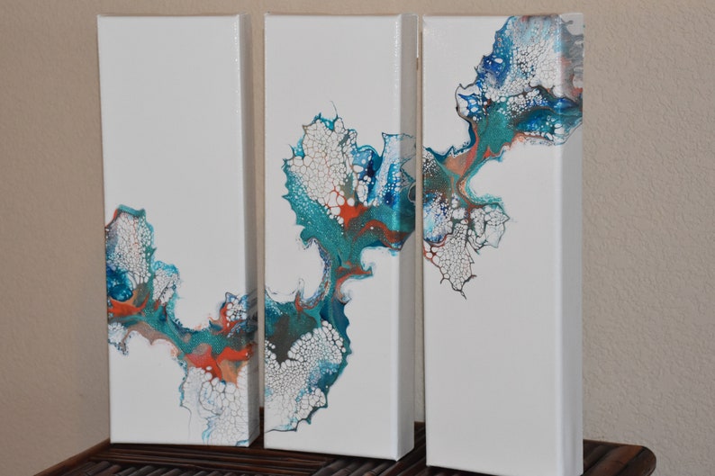 4 x 12 Abstract Art THREE Original Triptych Acrylic Dutch Pour Painting Ocean Coral Teal Blue Silver Cerulean Reef 3