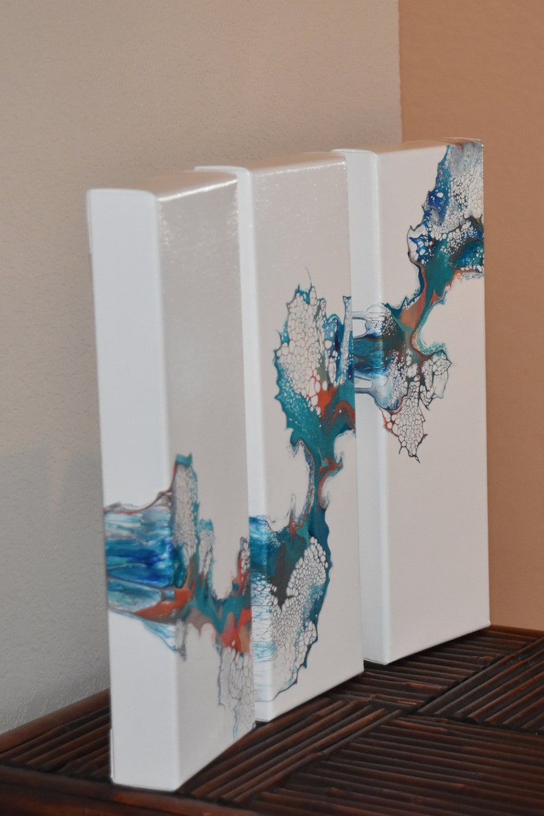 4 x 12 Abstract Art THREE Original Triptych Acrylic Dutch Pour Painting Ocean Coral Teal Blue Silver Cerulean Reef 3