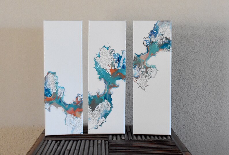 4 x 12 Abstract Art THREE Original Triptych Acrylic Dutch Pour Painting Ocean Coral Teal Blue Silver Cerulean Reef 3