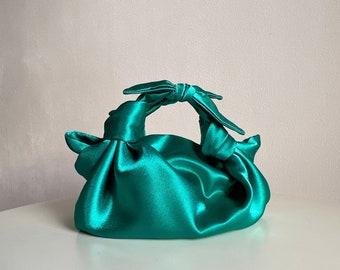 Emerald bow bag | satin bag with knots | perfect bag for wedding | party evening bag | small woman designer bag
