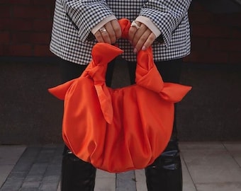 Satin orange handmade bag with knots | Furoshiki knot bag | +25 colors | Evening top handle bag | Gift for her | Bag for special occasion