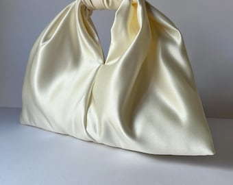 Elegant Warm Ecru Satin Knotted Handbag – Soft Minimalist wedding purse, Evening Clutch, Chic Women’s Purse
