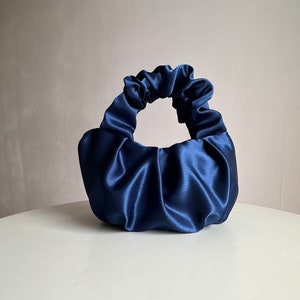 Scrunchie bag, evening woman purse, wedding bag, party bag, blue handmade bag, small satin handbag, wrist bag, stylishpurse, designer woman bag, handmade bag, handmade clutch, navy handbag