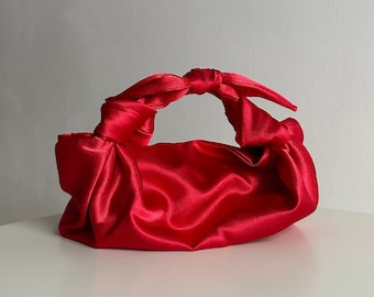 Red small woman satin bag | Evening clutch bag| +35 colors | designer handbag for event | furoshiki knot bag | prom bag | wedding guest bag