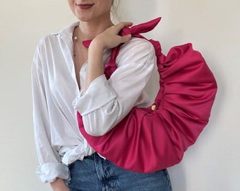 Pink satin bag with knots | Croissant bag | Scrunchies bag | Furoshiki knot bag | Gift for her || kimono bag | wedding bag | +25 colors