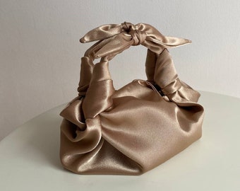 Small satin bag with knots | Stylish satin purse | Furoshiki knot bag | Origami bag | +35 colors | Wedding Purse | Deep Beige handbag