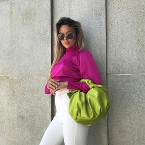 Satin Knot Lime green bag handmade satin bag 25 colors Furoshiki knot bag Bridal purse Bag for event Evening woman bag image 1