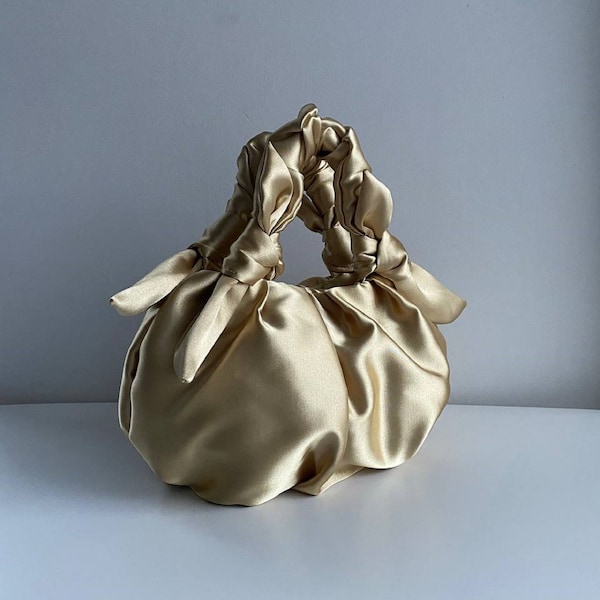 Satin small Gold bag | handmade Japanese knot bag | Furoshiki bag | bridal purse | Wedding bag |+ 25 colors | fashion soft bag