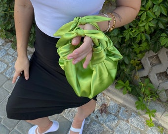 Small satin bag with knots | Stylish satin purse |Furoshiki knot bag |Origami bag | +30 colors | Wedding Purse |Lime small handbag for event