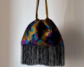 Gold Jacquard Evening Fringe Bag, Purple Turquoise Floral Clutch, Black Fringe Drawstring Purse, Wedding Guest Bag, Limited Edition Gift