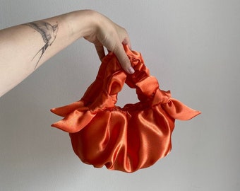 Satin orange small and big handbag | furoshiki bag | scrunchies bag | +25 colors | kimono bag | Japanese knot handbag | bag for wedding