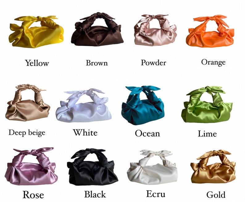 Small satin bag with knots Stylish satin purse Furoshiki knot bag Origami bag 35 colors Wedding Purse gold woman handbag image 4