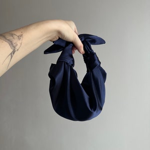 Small satin bag with knots Stylish satin purse Furoshiki knot bag deep blue bag 33 colors Wedding Purse navy handbag for event image 3