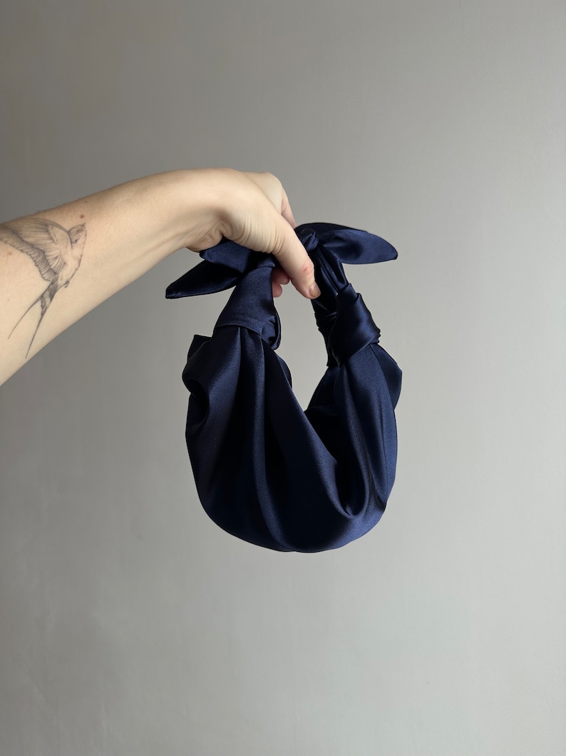 Small satin bag with knots Stylish satin purse Furoshiki knot bag deep blue bag 33 colors Wedding Purse navy handbag for event image 3