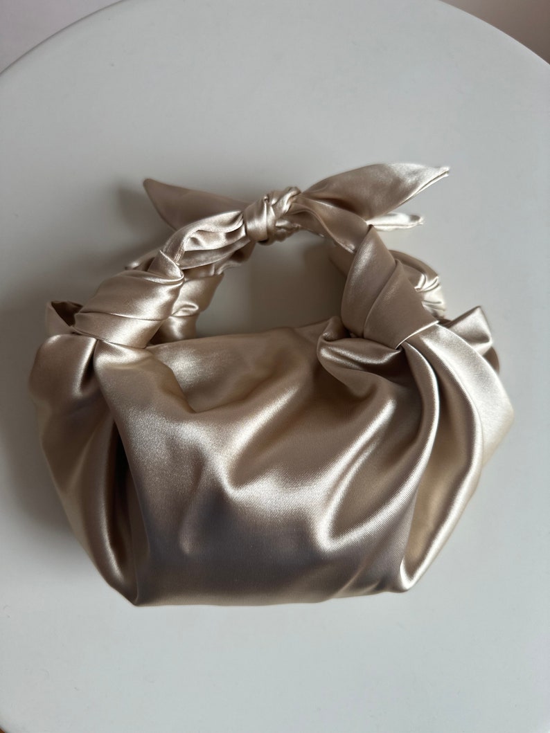 Champagne satin bag with knots Stylish satin purse Furoshiki knot bag bag with bows 35 colors Wedding Purse gold woman handbag image 6