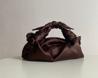 Small satin bag with knots | Stylish satin purse | Furoshiki knot bag | Origami bag | +35 colors | Wedding Purse | brown satin handbag
