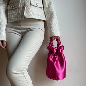 Satin evening bag Stylish satin wedding purse bag for bridesmaids Bucket bag 35 colors Pink designer handbag image 3