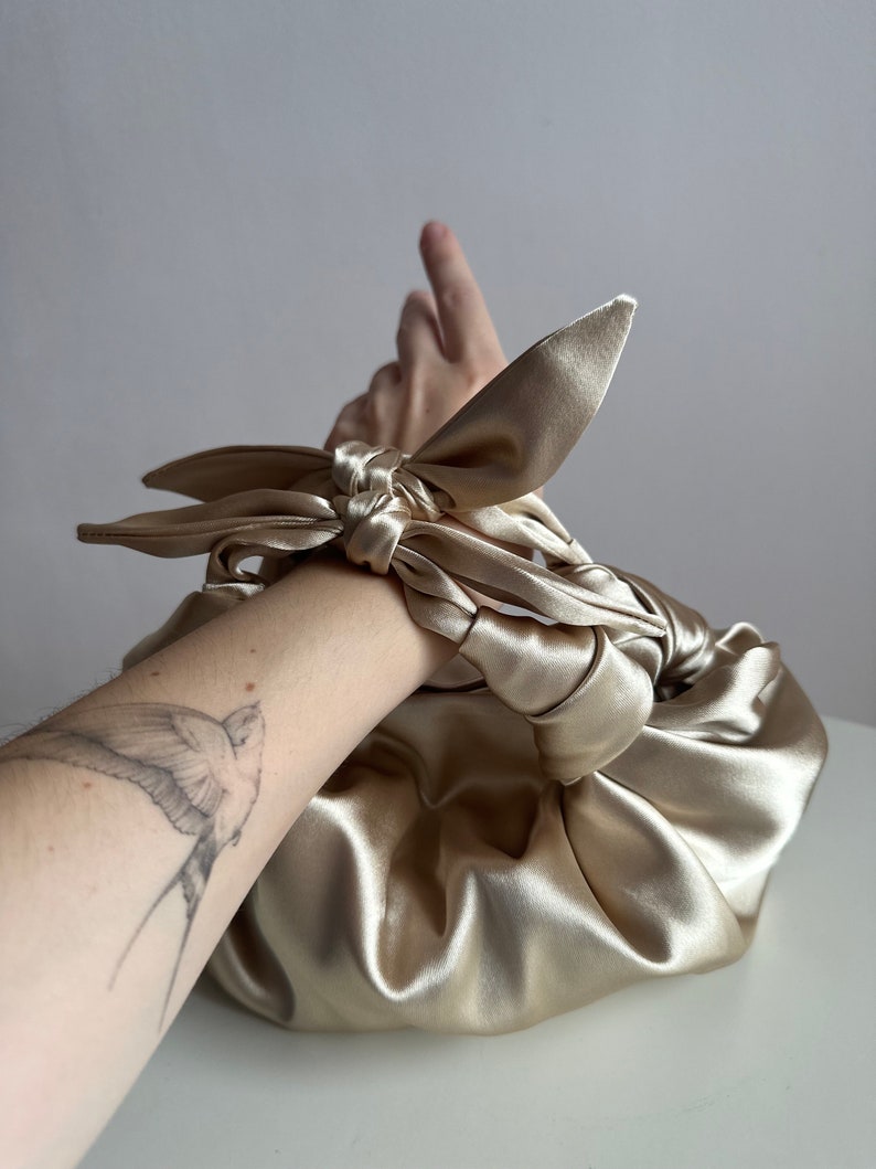 Champagne satin bag with knots Stylish satin purse Furoshiki knot bag bag with bows 35 colors Wedding Purse gold woman handbag image 3