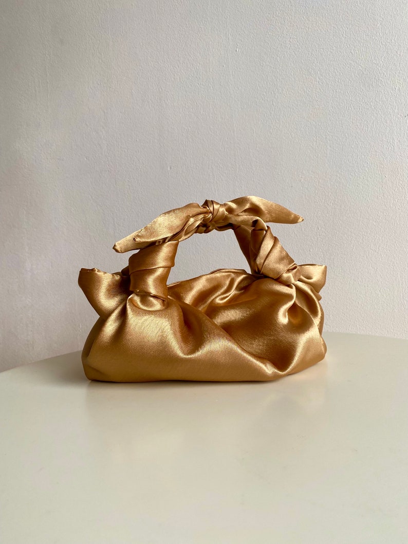 Small satin bag with knots Stylish satin purse Furoshiki knot bag Origami bag 35 colors Wedding Purse gold woman handbag image 1