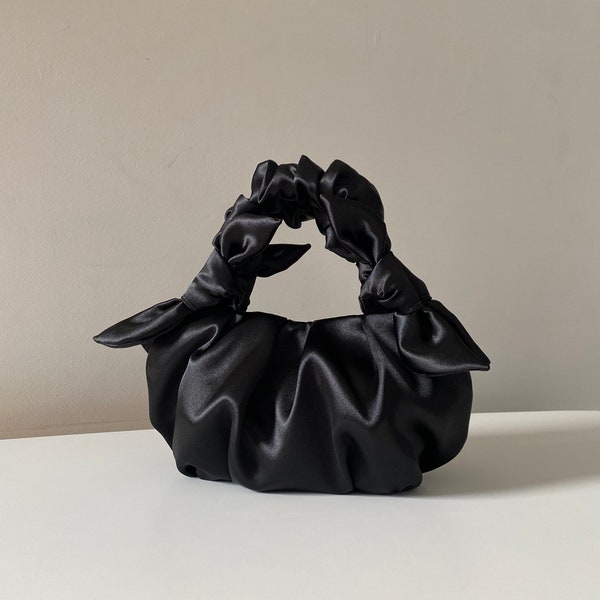 Petit sac de soirée en satin noir | Sac de style nœud Furoshiki | +25 couleurs | 3 tailles| sac pour toute occasion | cadeaux de Saint Valentin pour femme